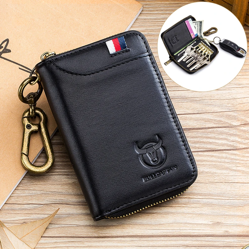 (image for) BULLCAPTAIN Genuine Leather Mens Waist-Mounted Wallet Card & Id Holders Multi-function Key Chain Holders Mini Key Bag Coin Purse Wallet Two-In-One with Gift Box