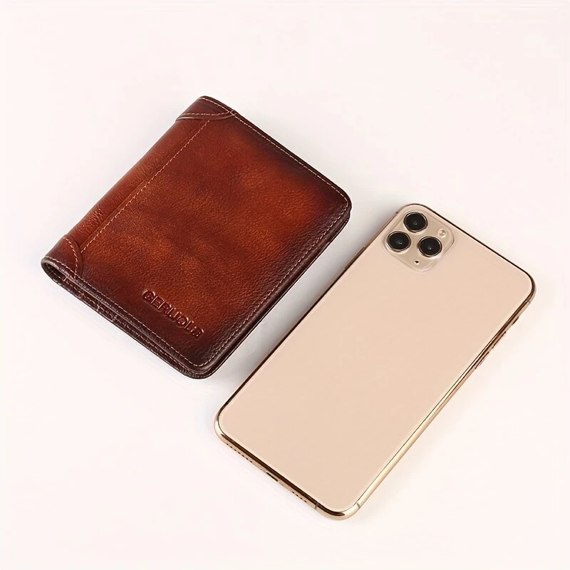 (image for) Ekphero Men's Wallet Genuine Leather RFID Blocking Short Wallet Vintage Thin Multi Function ID Credit Card Holder Flip-flop Male Money Purse